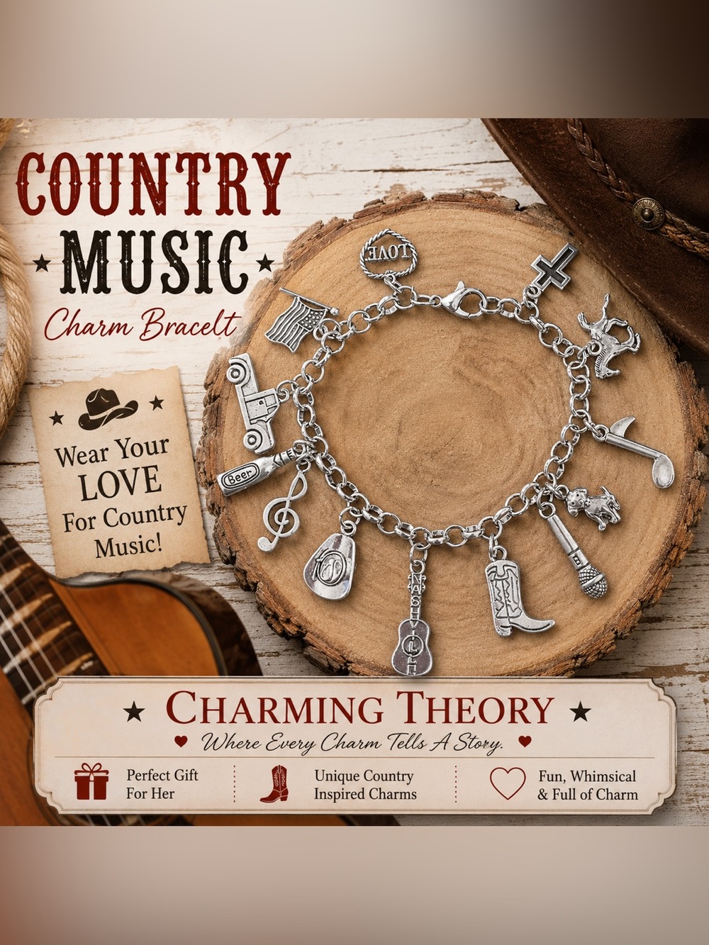 Country Music Charm Bracelet, Nashville Western Jewelry, Cowboy Cowgirl Bracelet